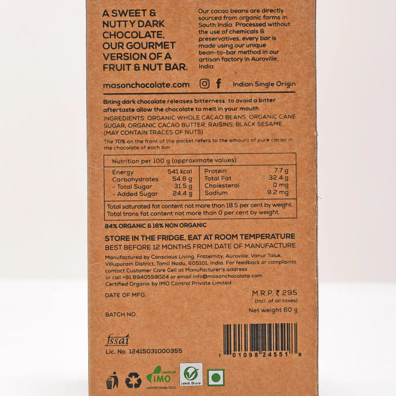 70% Black Sesame & Raisin Dark Vegan Chocolate Bar - (Set of 3) - Image 4