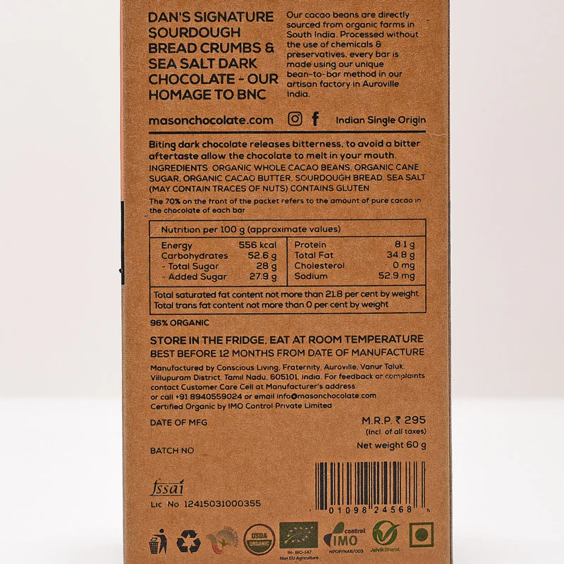 70% Sourdough & Sea Salt Dark Vegan Chocolate Bar - (Set of 3) - Image 3