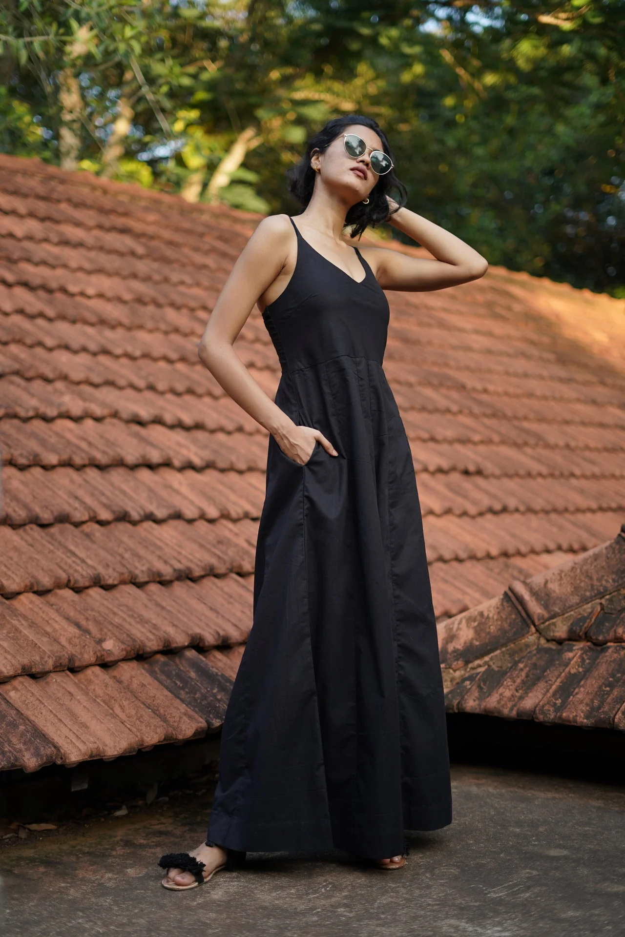 Set of 2- Black Linen wide leg Jumpsuit with Printed flowy overlay - Image 3