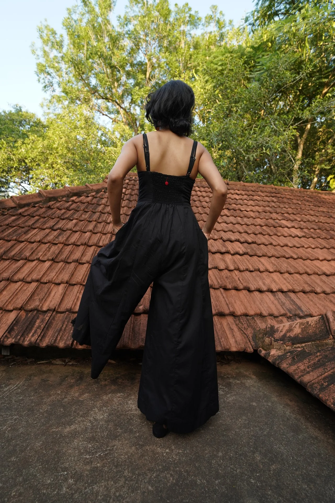 Set of 2- Black Linen wide leg Jumpsuit with Printed flowy overlay - Image 5