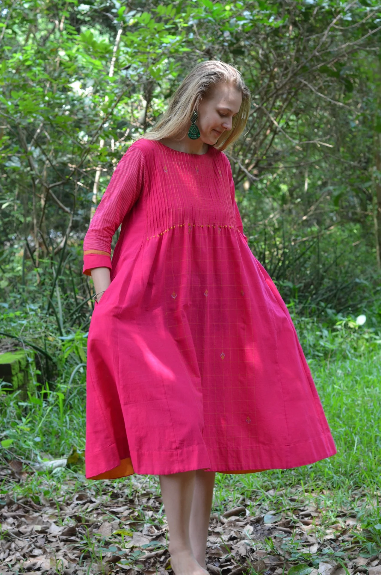 Bright Pink Pinktuck Jamdani Dress - Image 4