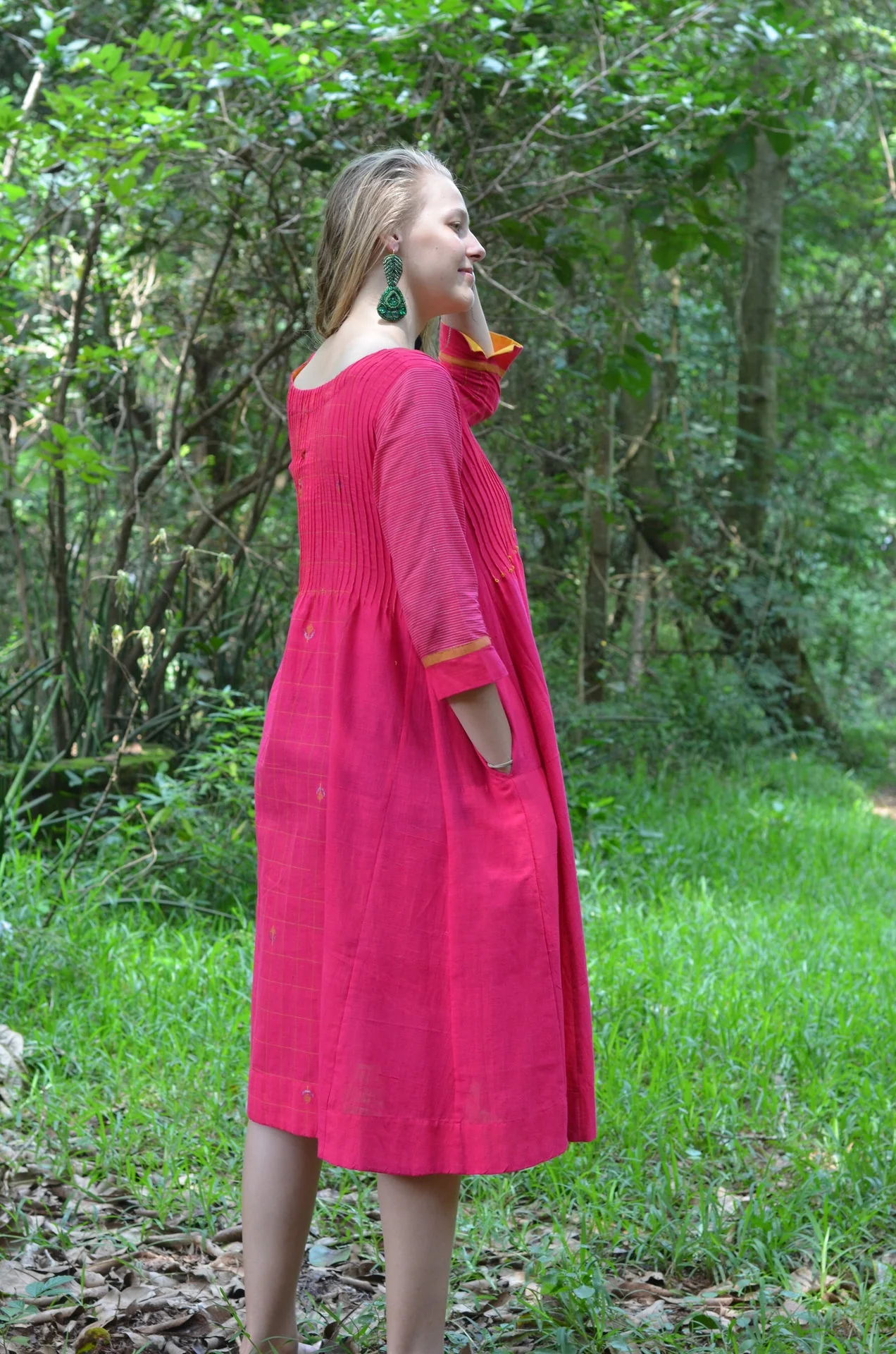 Bright Pink Pinktuck Jamdani Dress - Image 6