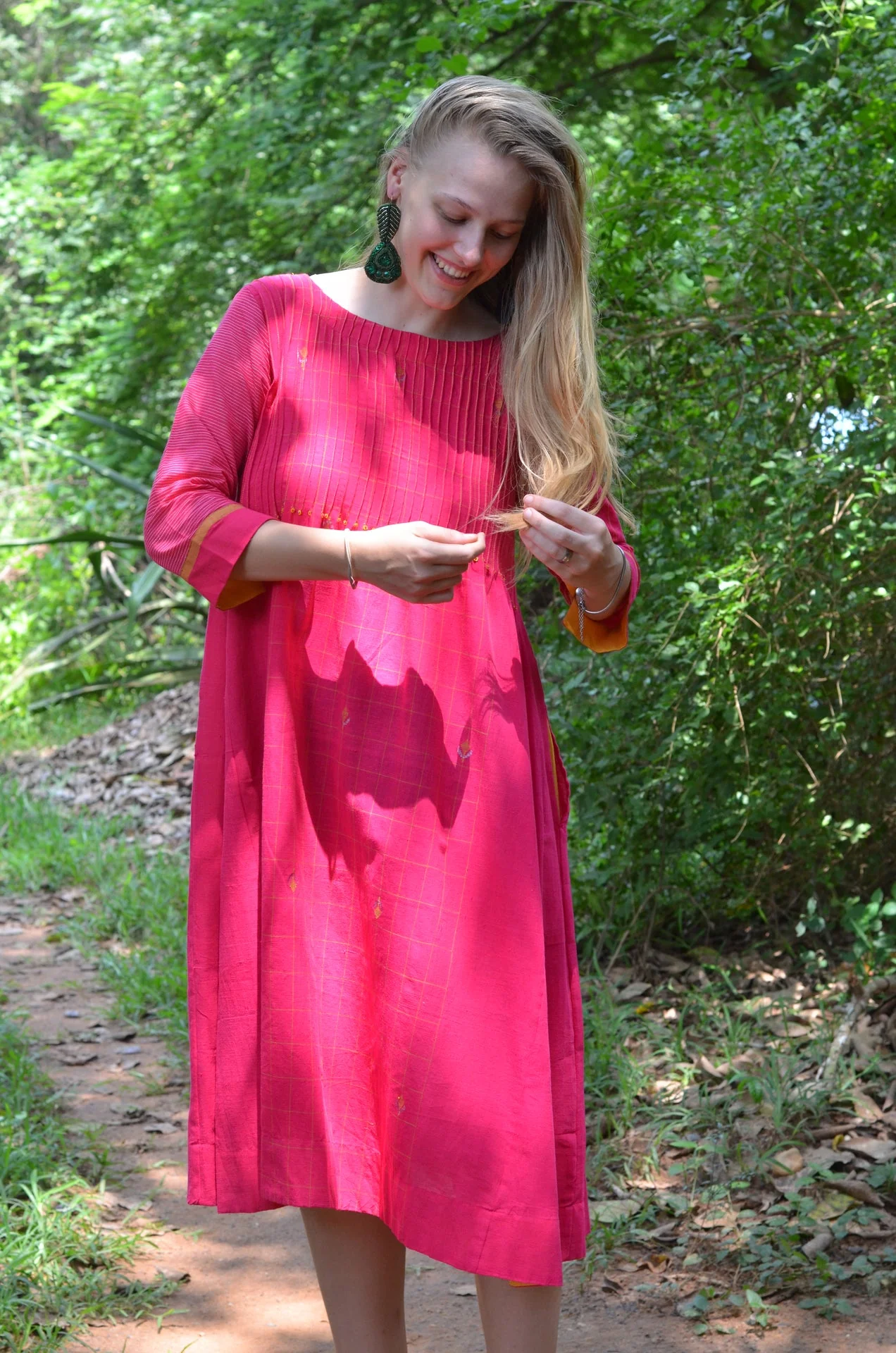 Bright Pink Pinktuck Jamdani Dress - Image 7