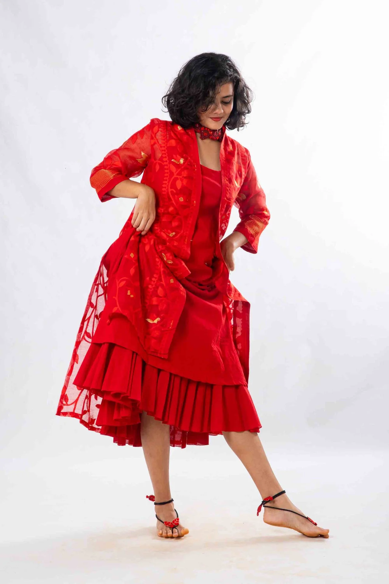 Set of 2- Devashree Red Jamdani Jacket & Dress - Image 6