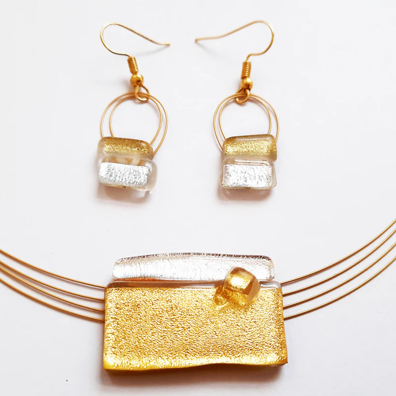 Elegant Gold and Silver Creation Set, Necklace and Hanging Earrings