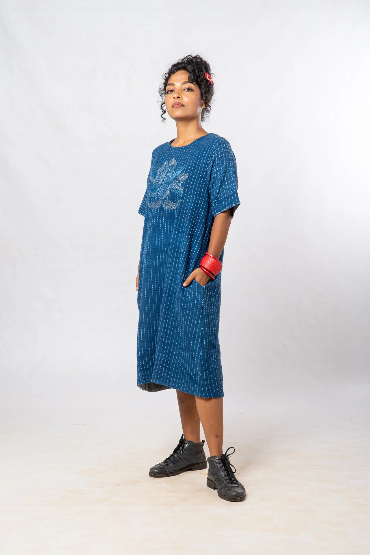 Indigo Parina Lotus Embroidered Hand Spun Khadi Dress - Image 3