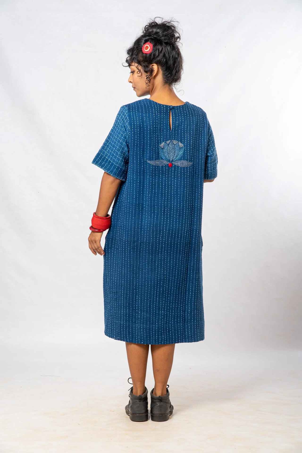 Indigo Parina Lotus Embroidered Hand Spun Khadi Dress - Image 6
