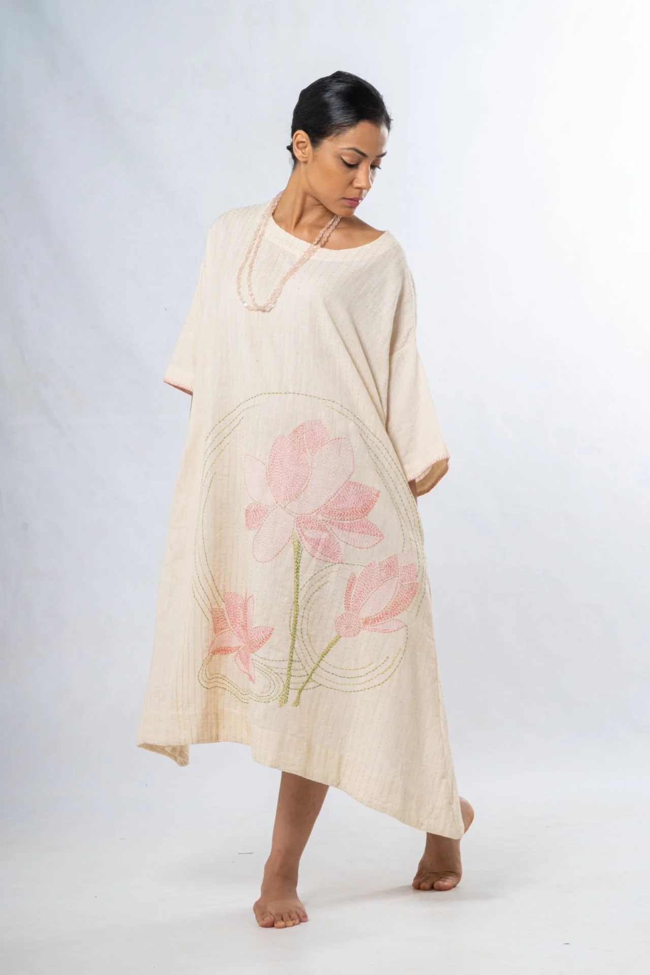 Ecru Hand Spun Khadi Lotus Embroidery Dress - Image 4
