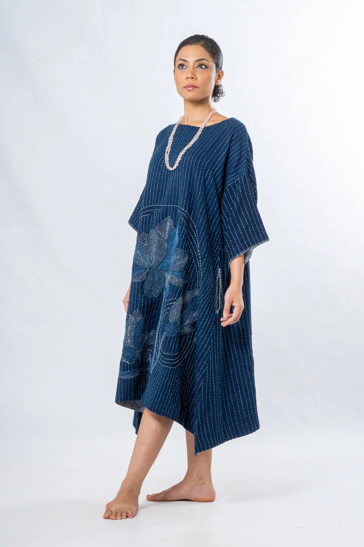 Indigo Hand Spun Khadi Lotus Embroidery Dress - Image 3