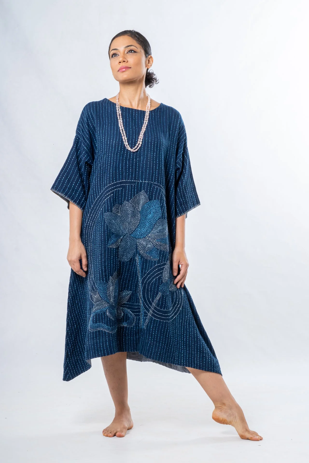 Indigo Hand Spun Khadi Lotus Embroidery Dress - Image 4