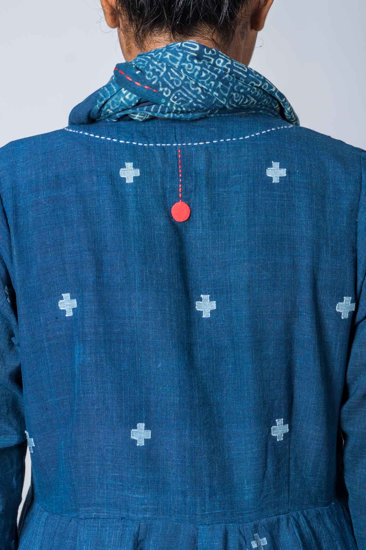 Set of 3: Natural Indigo Cotton Jamdani Jacket, Dress & Scarf - Image 10