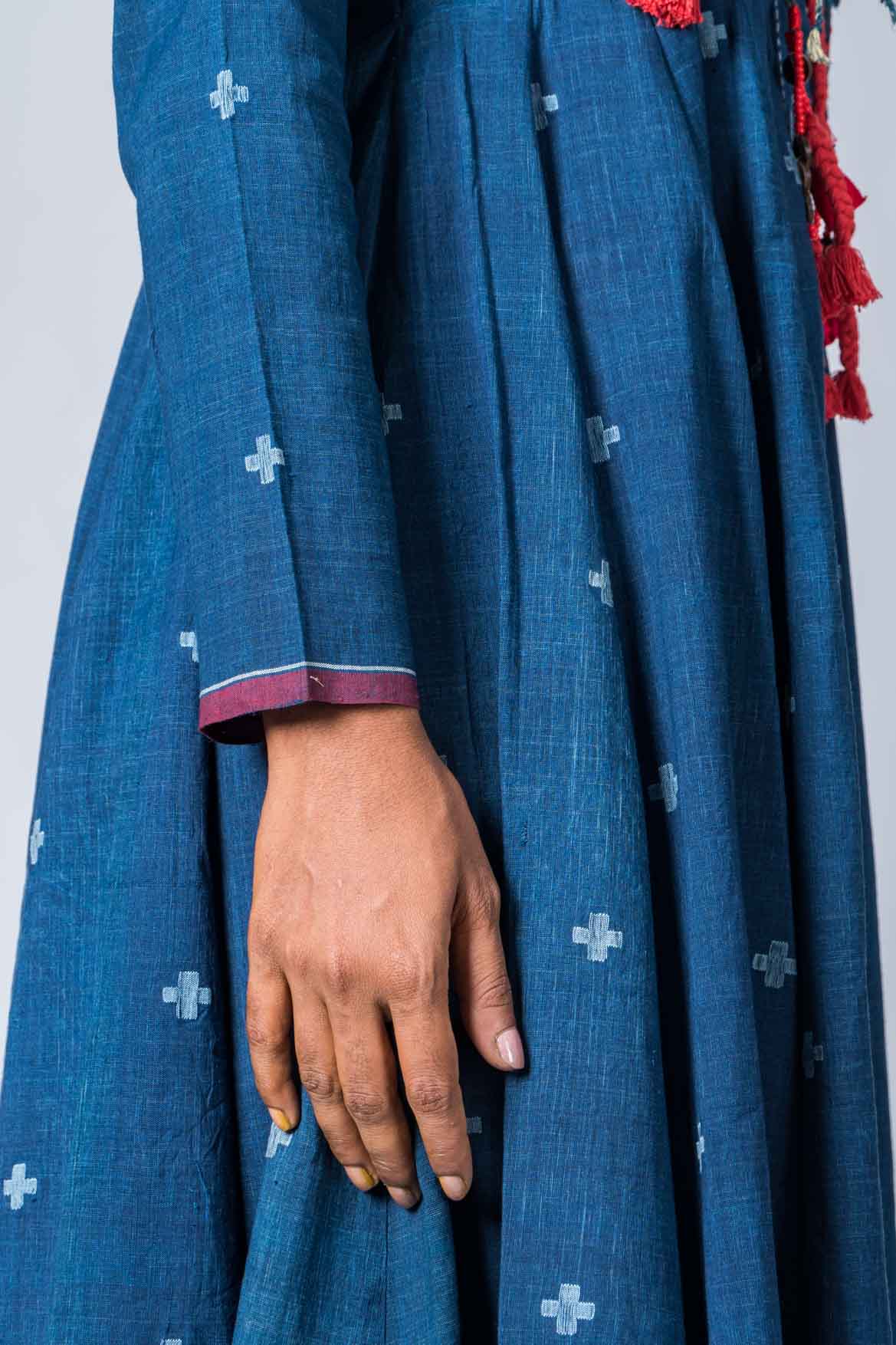 Set of 3: Natural Indigo Cotton Jamdani Jacket, Dress & Scarf - Image 11