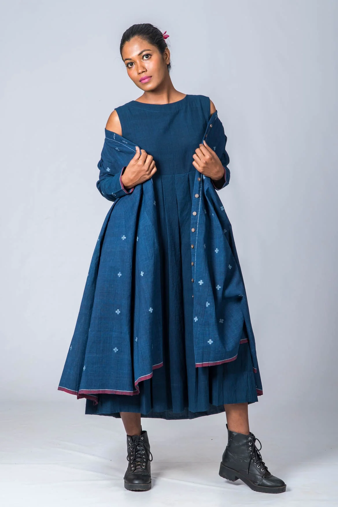 Set of 3: Natural Indigo Cotton Jamdani Jacket, Dress & Scarf - Image 13