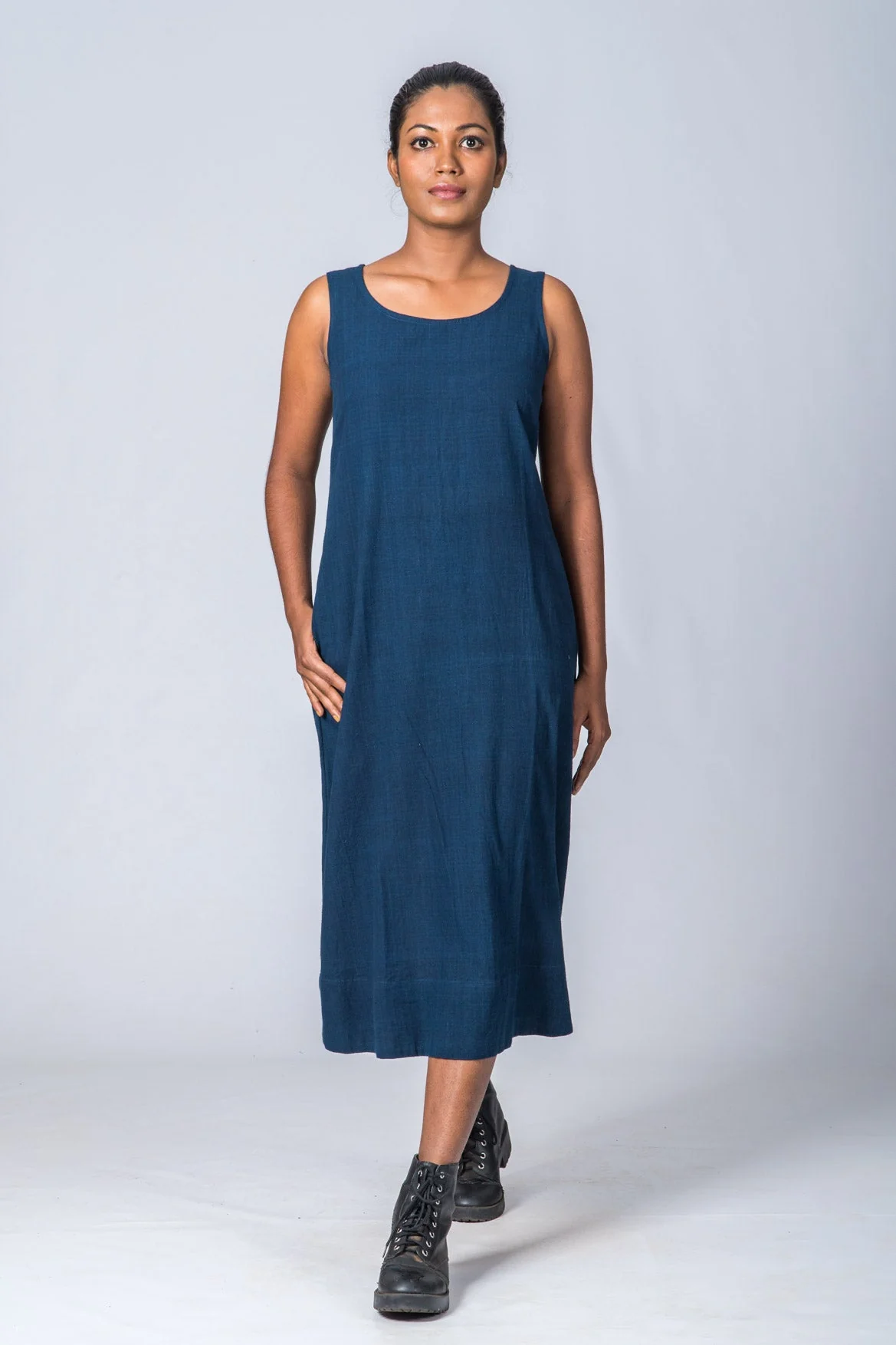 Set of 3: Natural Indigo Cotton Jamdani Jacket, Dress & Scarf - Image 15