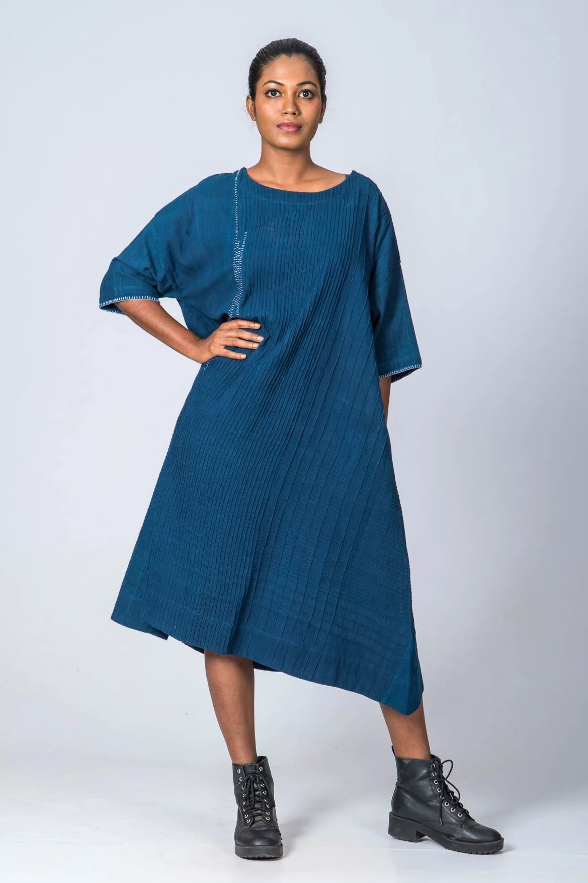 Natural Indigo Cotton Pintuck Dress - Image 3