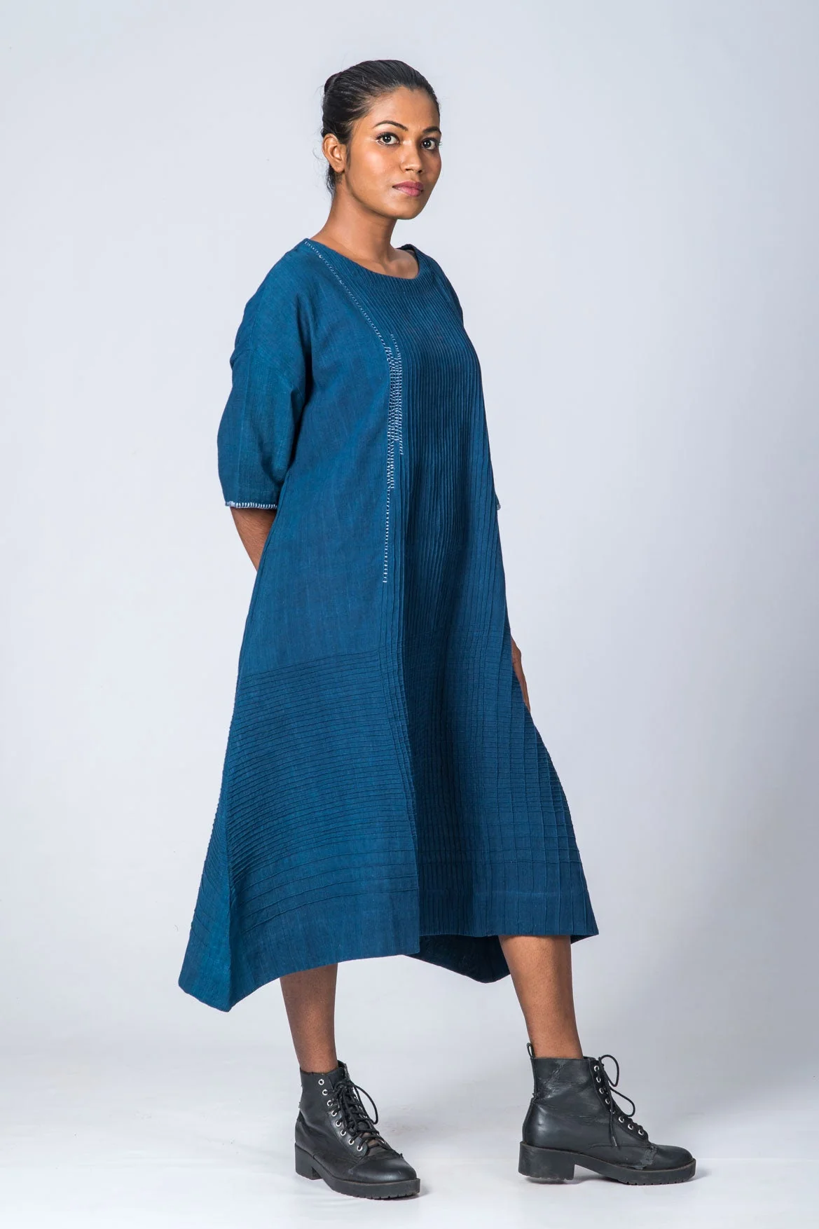 Natural Indigo Cotton Pintuck Dress - Image 4