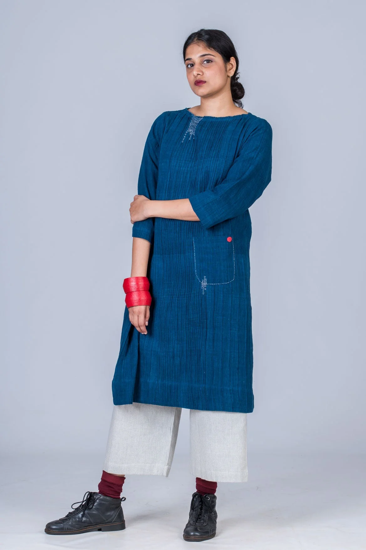 Natural Indigo Cotton Pintuck Dress - Image 4
