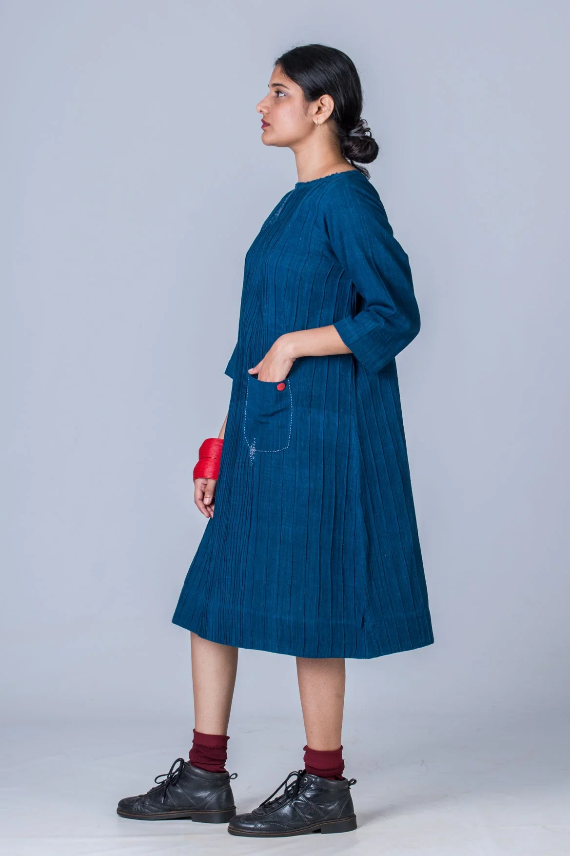 Natural Indigo Cotton Pintuck Dress - Image 5