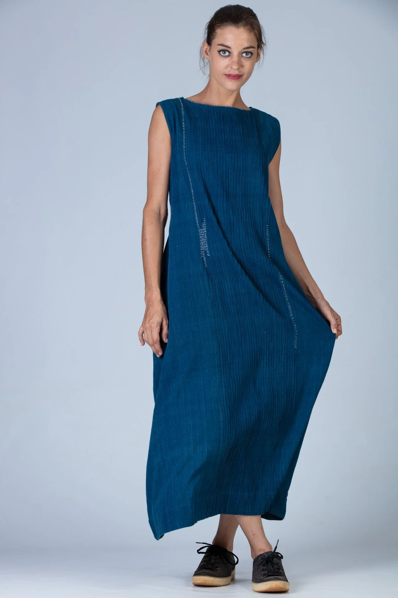 Natural Indigo Sleeveless All Over Pintuck Dress - Image 4