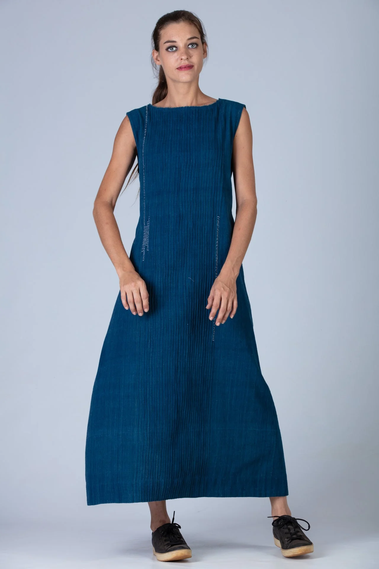 Natural Indigo Sleeveless All Over Pintuck Dress - Image 5