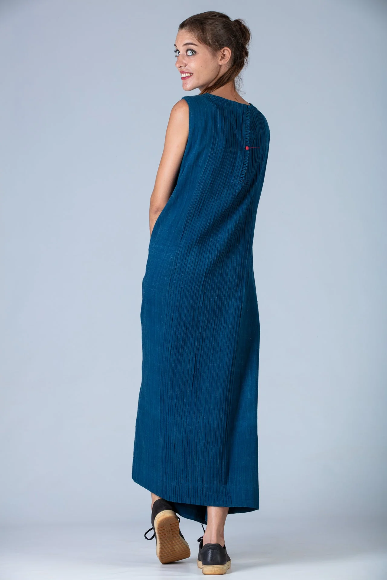 Natural Indigo Sleeveless All Over Pintuck Dress - Image 6