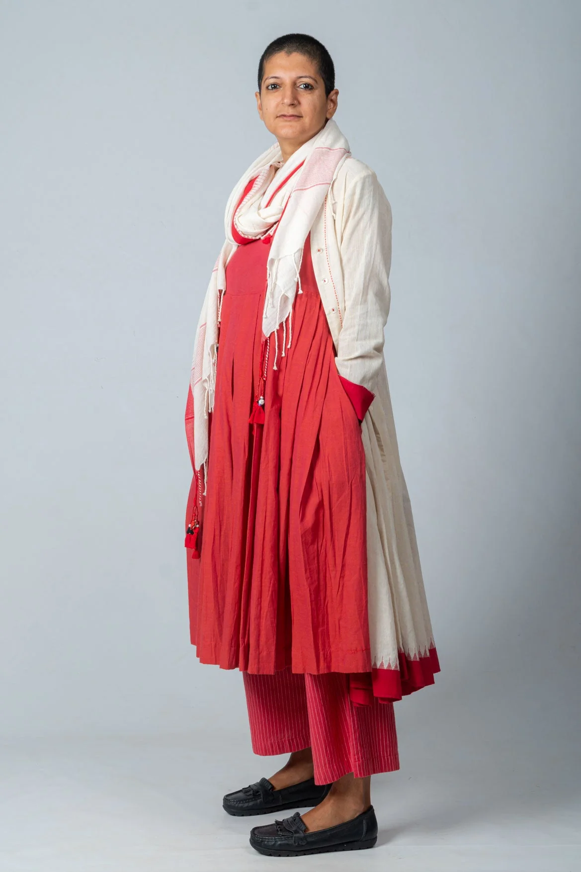 Set of 4- Neelanjana Hand Spun Dress, Jamdani Jacket, Pants & Scarf - Image 2