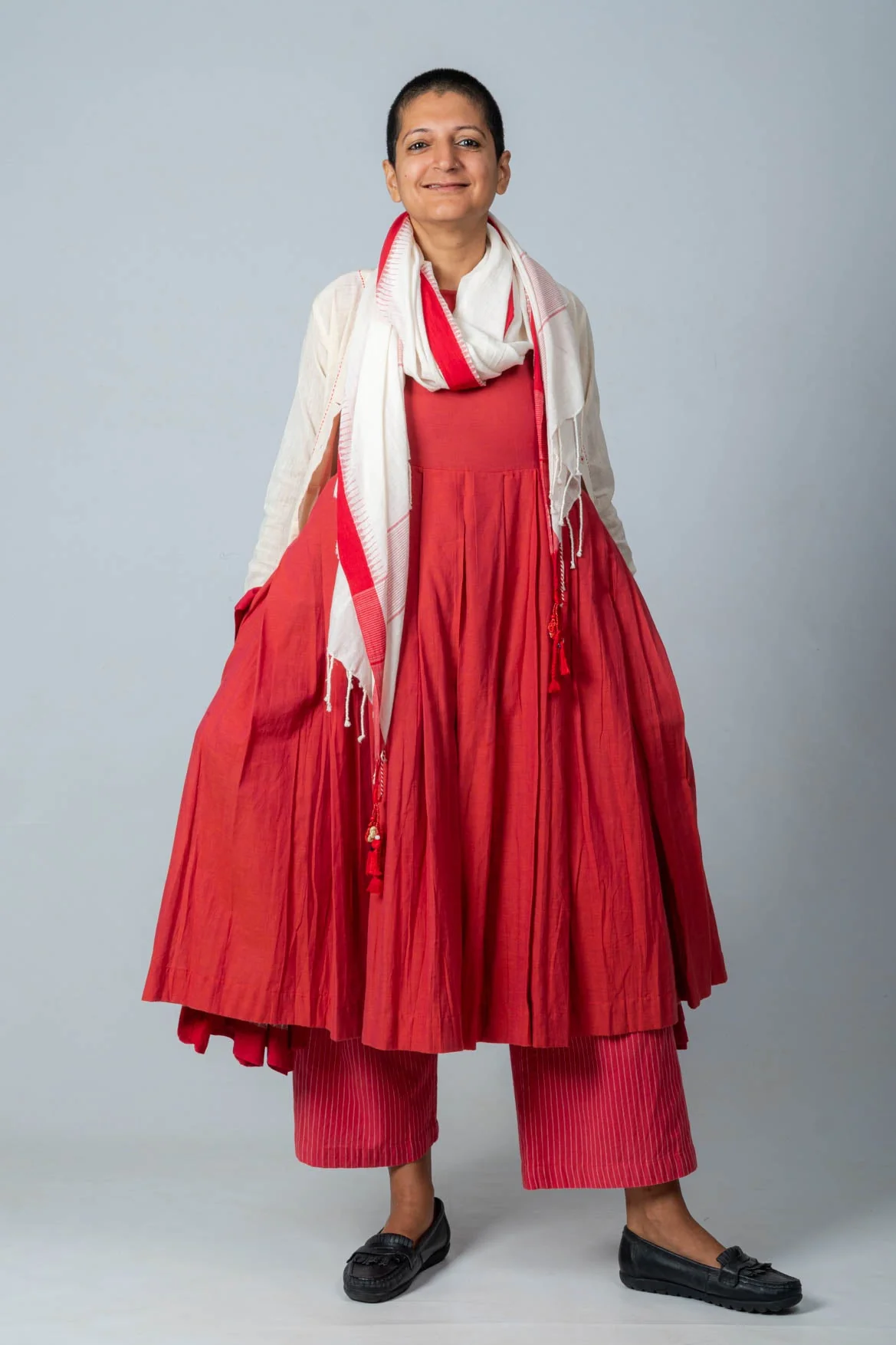 Set of 4- Neelanjana Hand Spun Dress, Jamdani Jacket, Pants & Scarf - Image 3