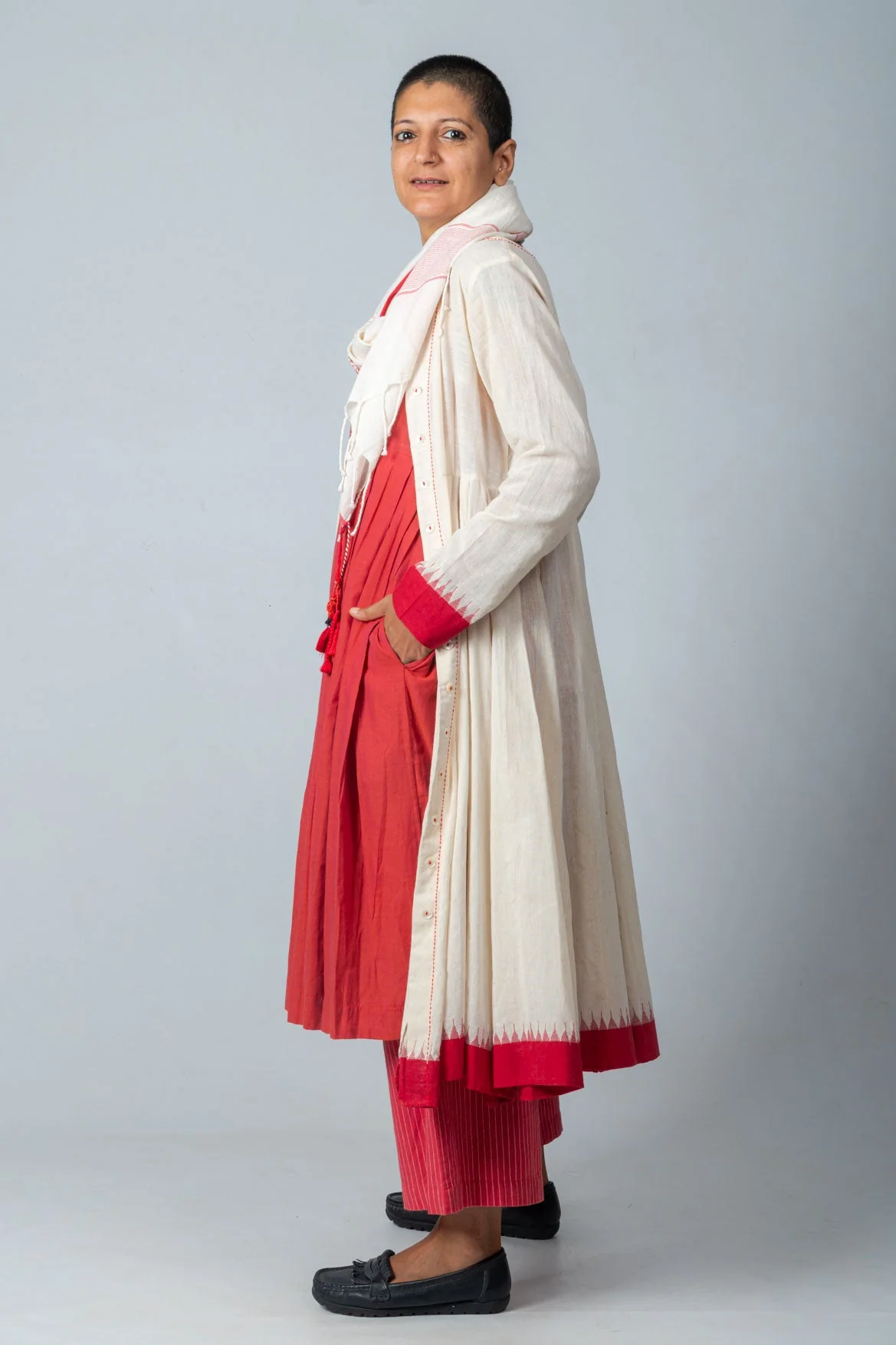 Set of 4- Neelanjana Hand Spun Dress, Jamdani Jacket, Pants & Scarf - Image 4