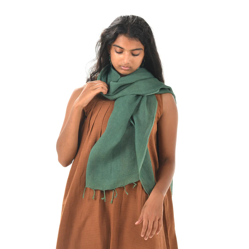 Plain Dark Green Scarf – Cotton Linen Blend - Image 5