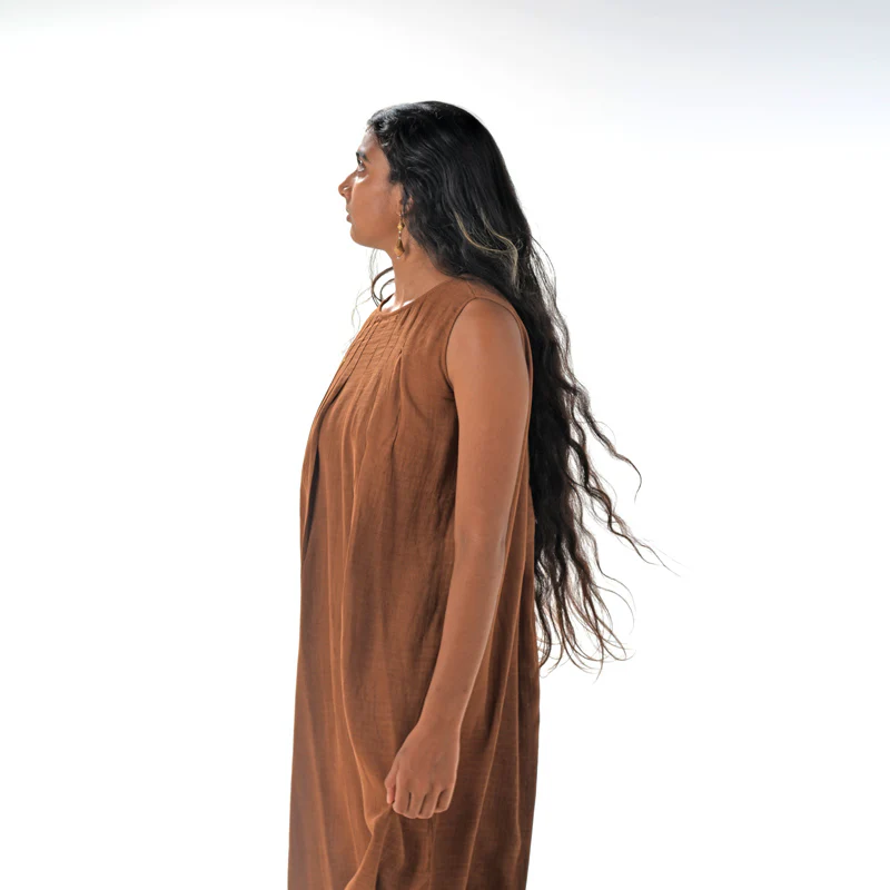 Pleated Brown Dress – Cotton - Image 3