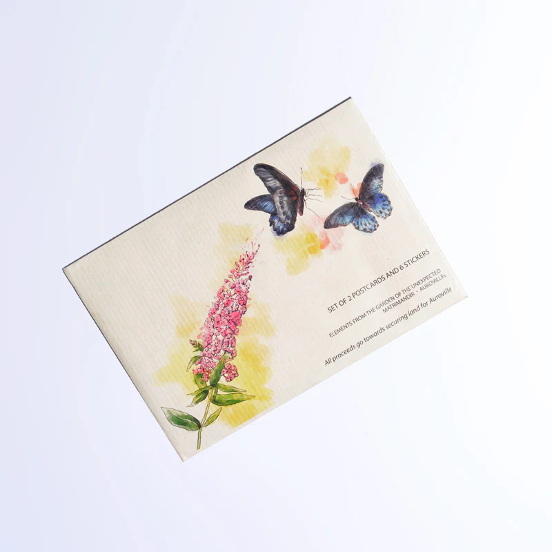 Postcards and stickers : Elements from the Garden of the Unexpected - Matrimandir , Auroville.
