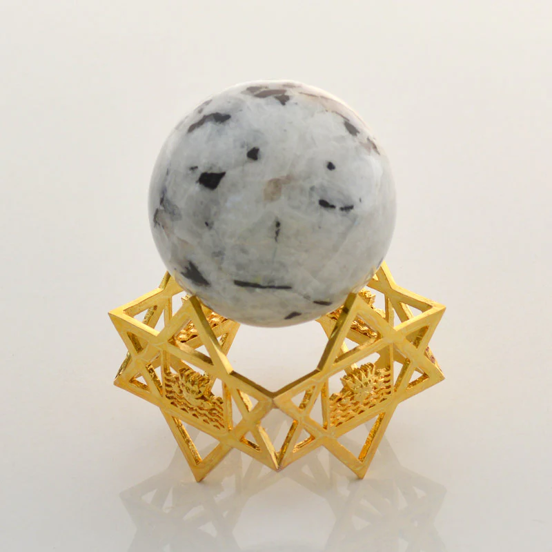 Rainbow moonstone ball with Sri Aurobindo Symbol Brass Stand Small - Image 2