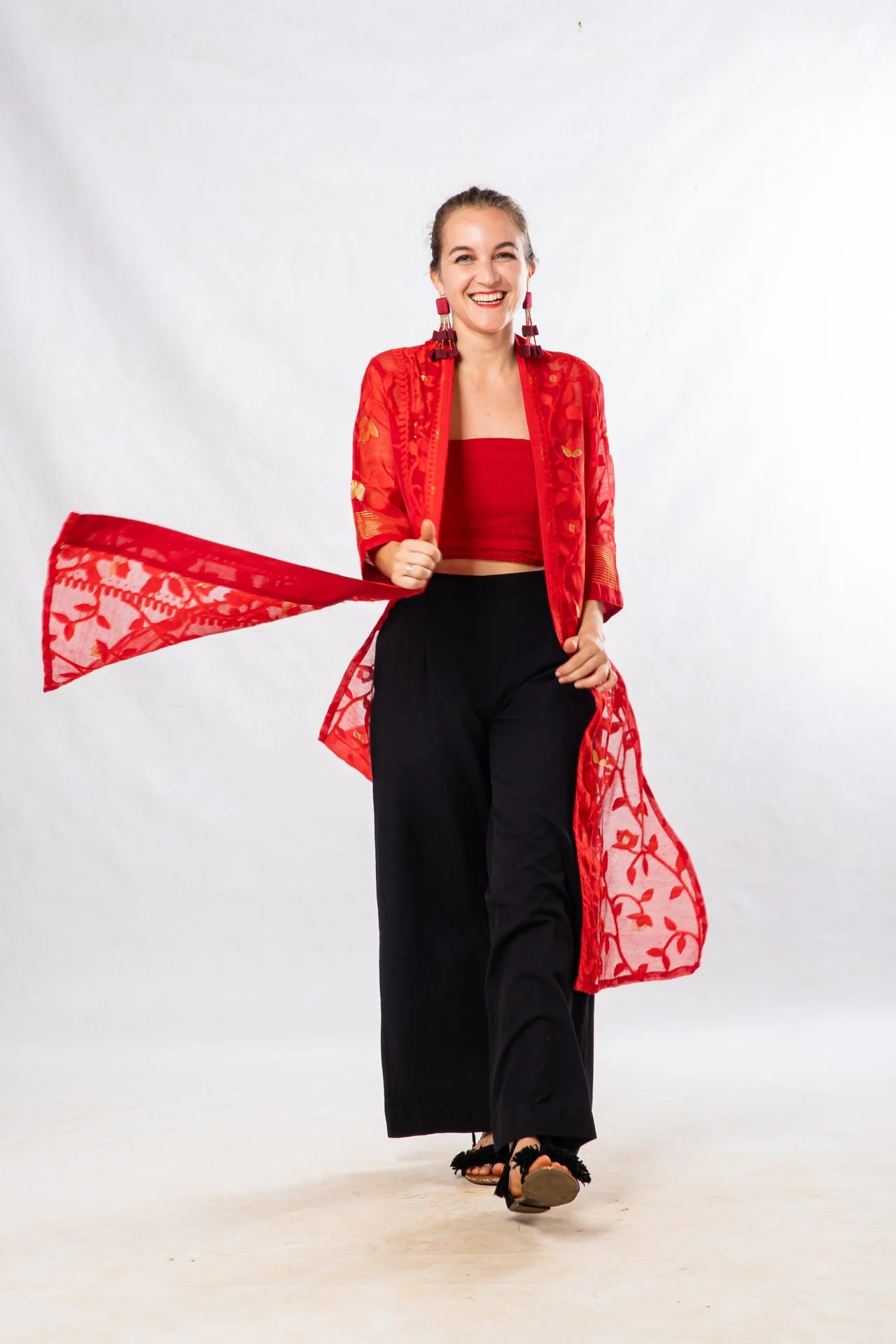 Red Cutwork Silk Bengal Jamdani Long Jacket - Image 2