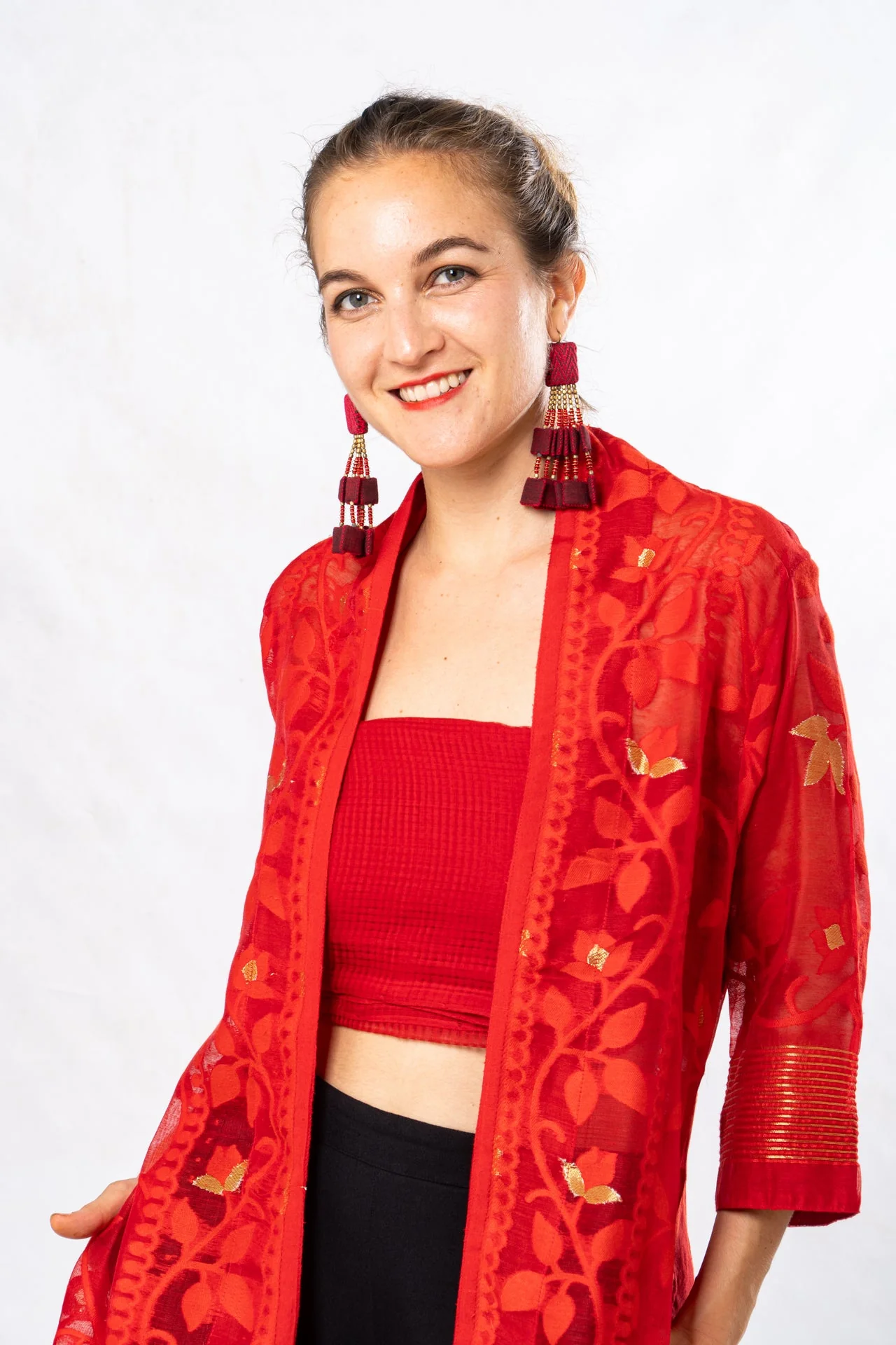 Red Cutwork Silk Bengal Jamdani Long Jacket - Image 3