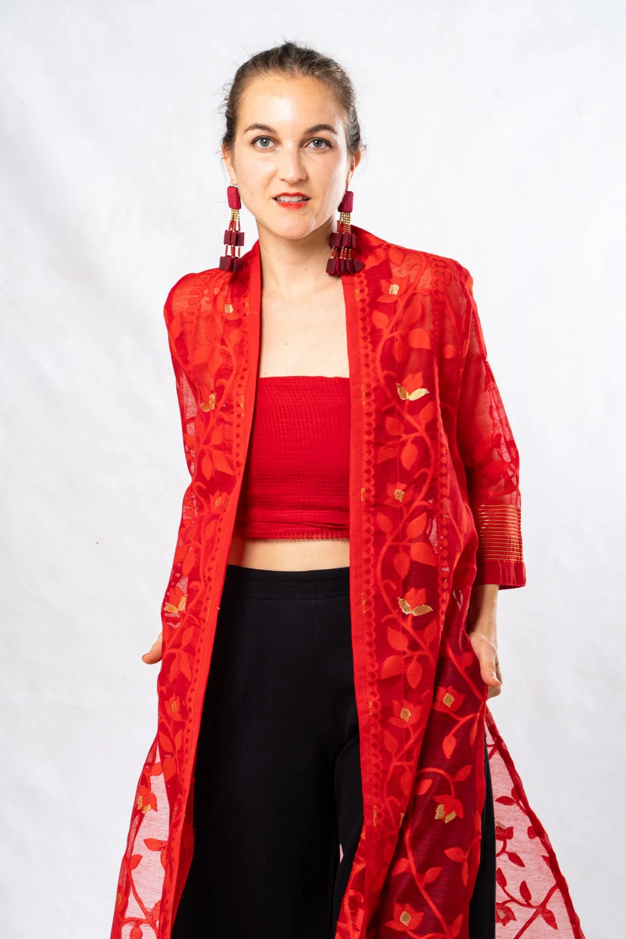 Red Cutwork Silk Bengal Jamdani Long Jacket - Image 4
