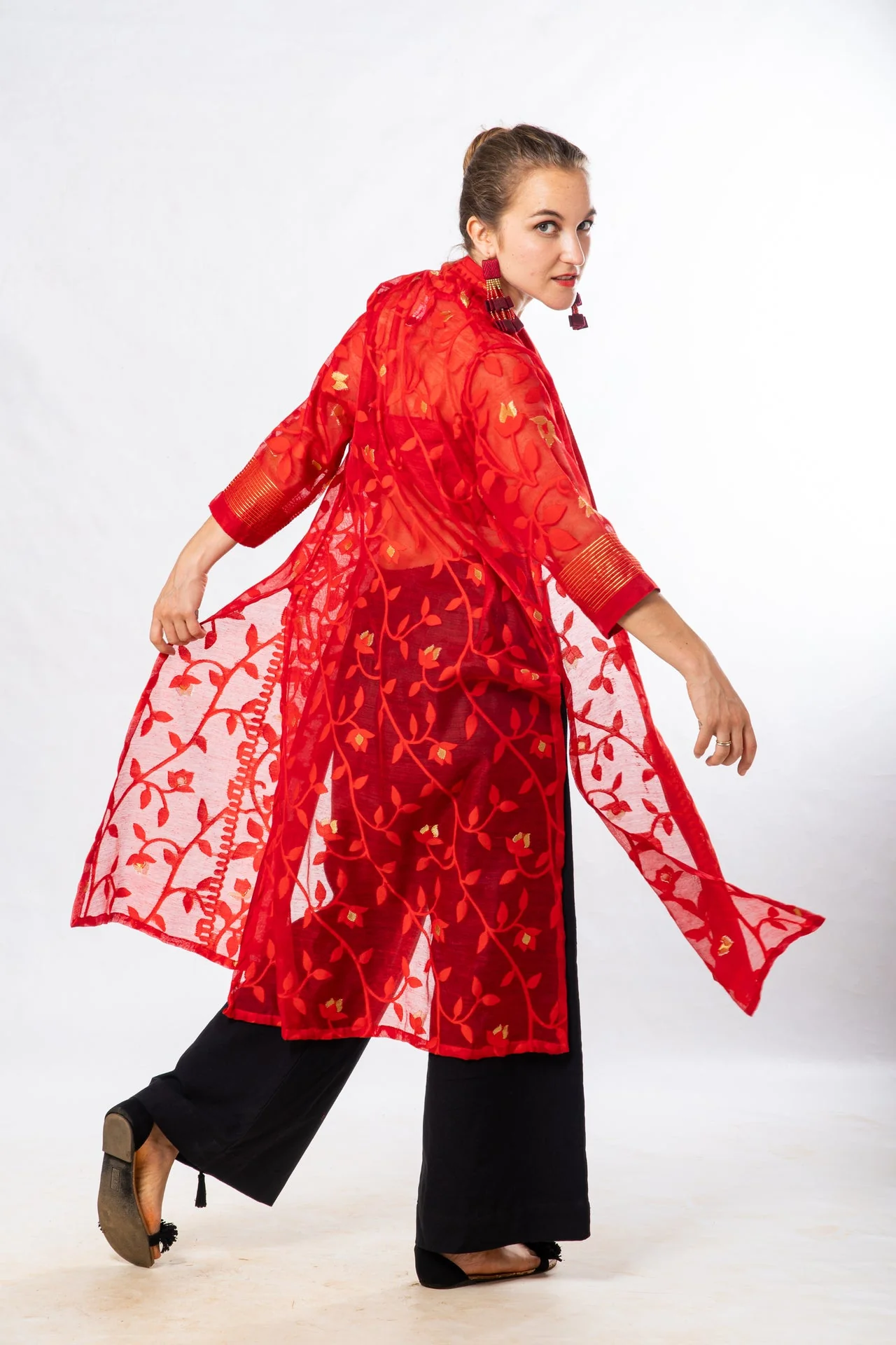 Red Cutwork Silk Bengal Jamdani Long Jacket - Image 5