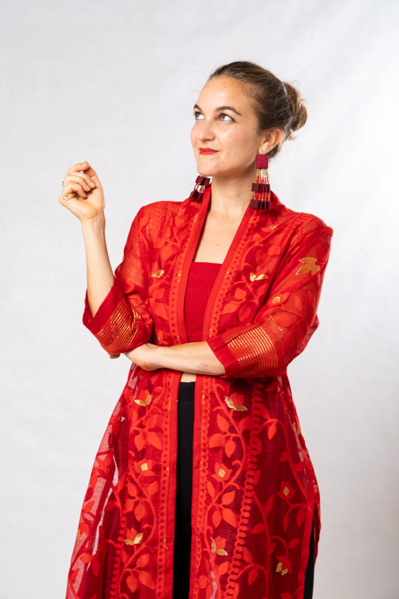 Red Cutwork Silk Bengal Jamdani Long Jacket - Image 6