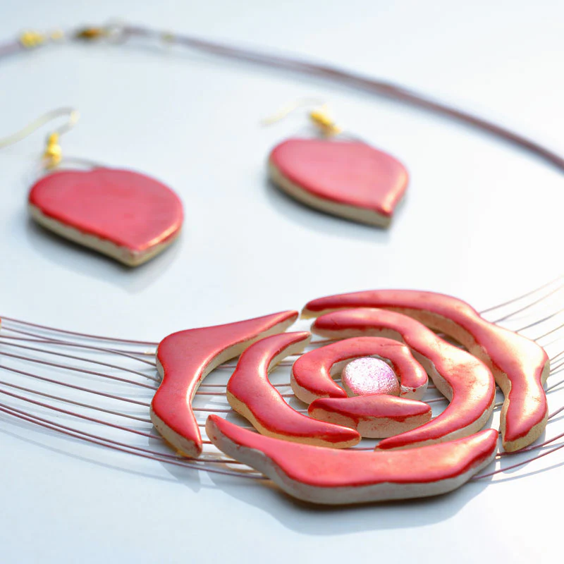 Rose Ceramic Necklace and Earrings Set (Red Glaze) - Image 4