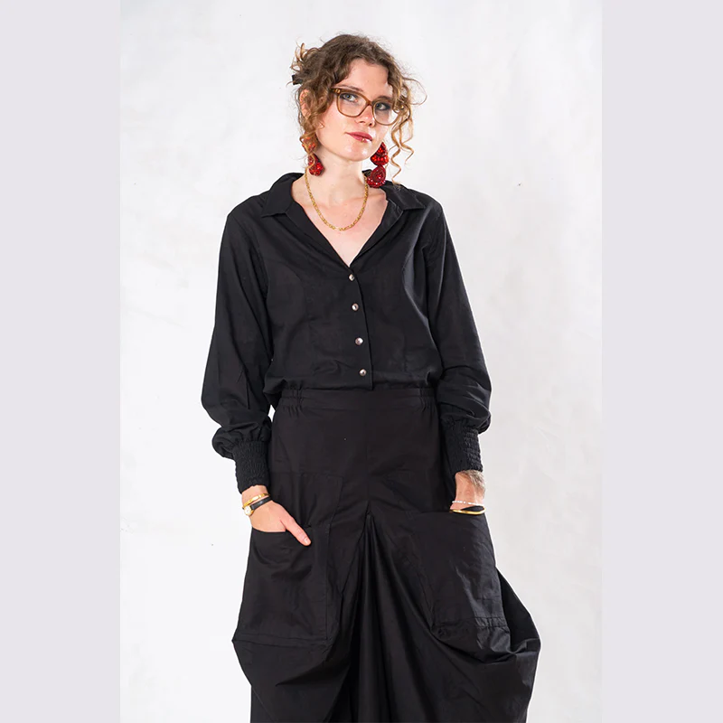 Set of 2: Black Linen Poet Shirt & Pocket Skirt - Image 7