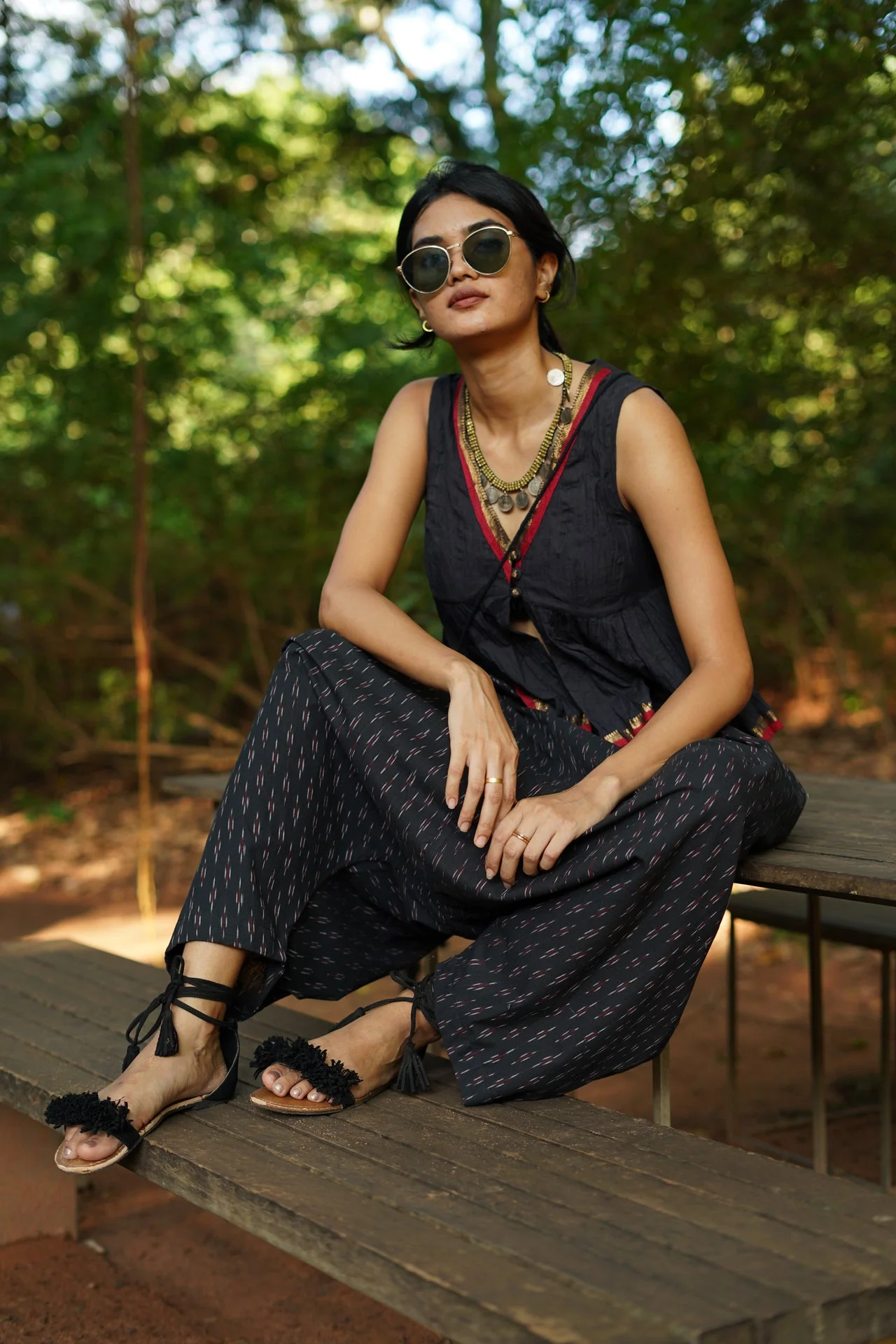 Set of 2- Black Top & Ikkat Low Crotch Pants - Image 2