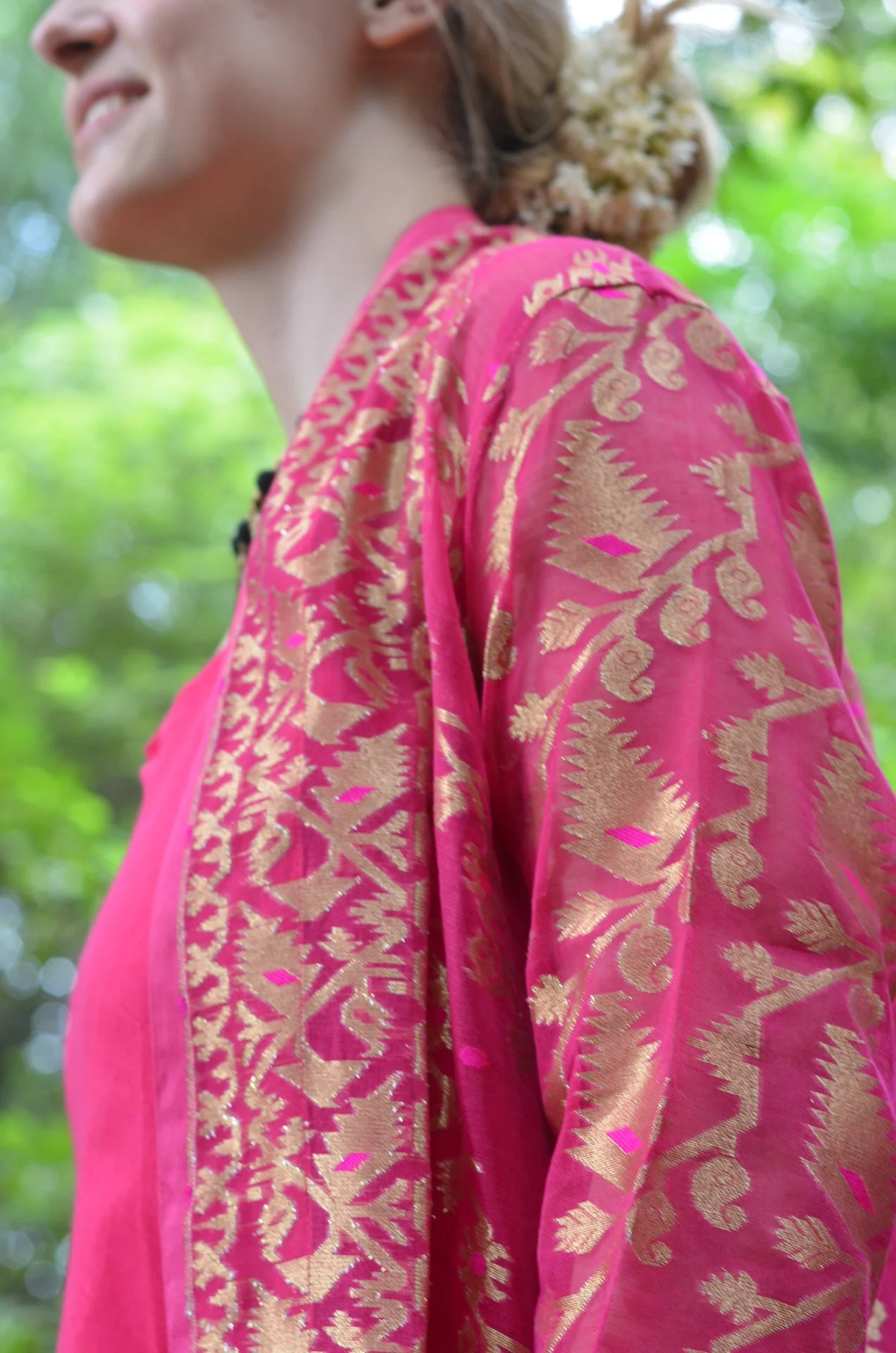 Set of 2- Bright Pink cutwork silk jacket & maxi Dress - Image 4