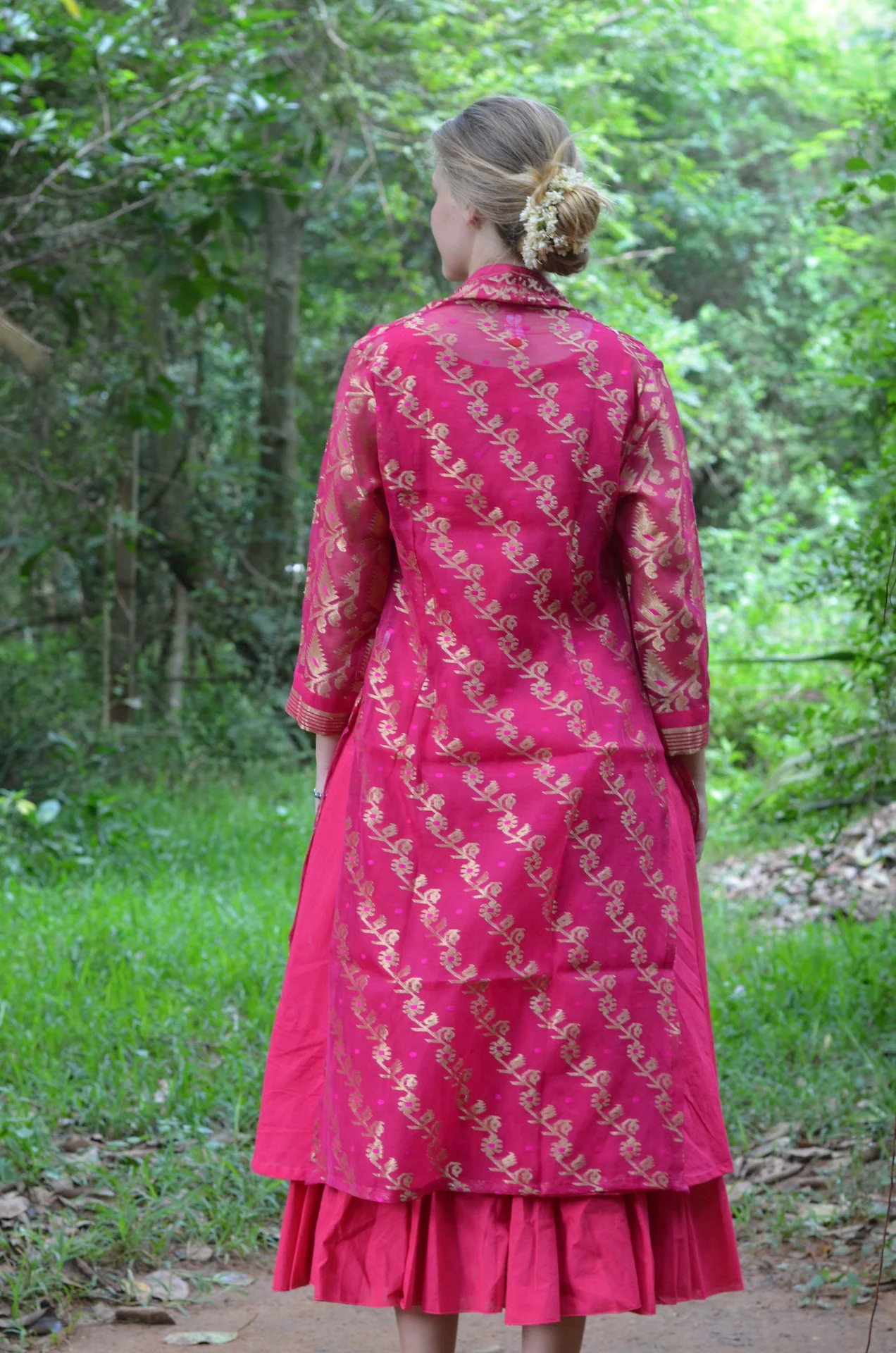 Set of 2- Bright Pink cutwork silk jacket & maxi Dress - Image 7