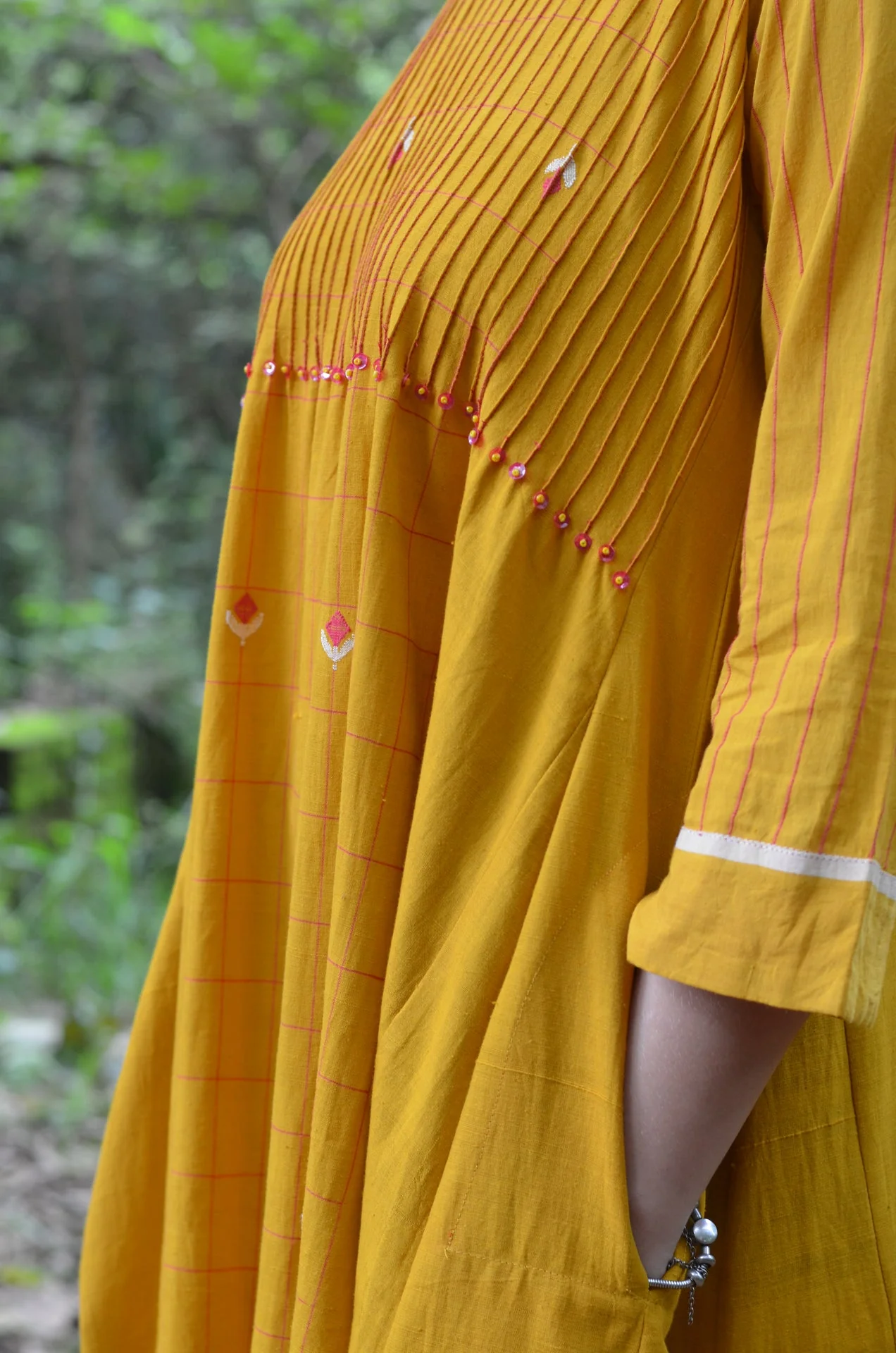 Set of 2- Mustard Pinktuck Jamdani Dress with Pink scarf - Image 3