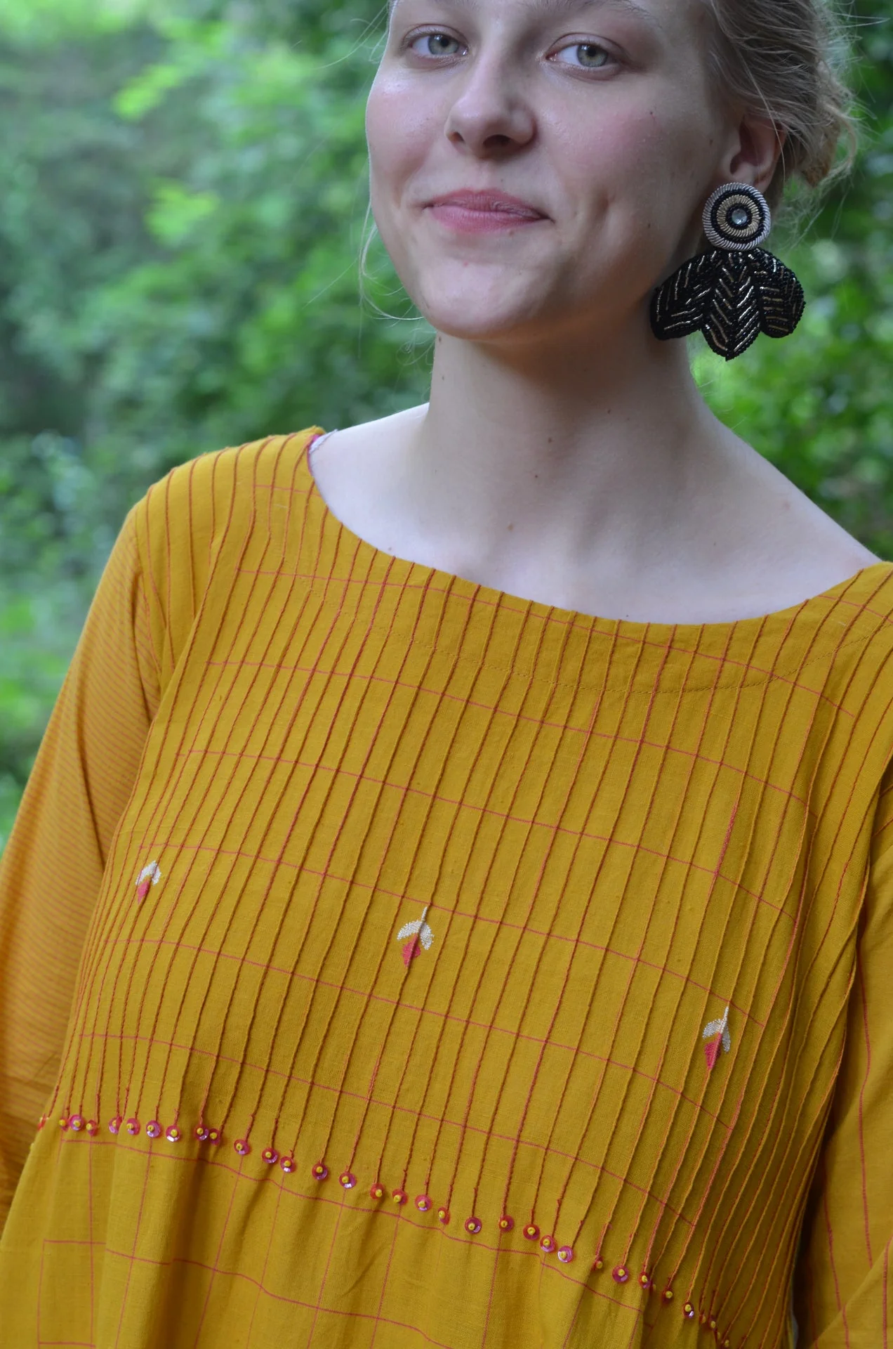 Set of 2- Mustard Pinktuck Jamdani Dress with Pink scarf - Image 6
