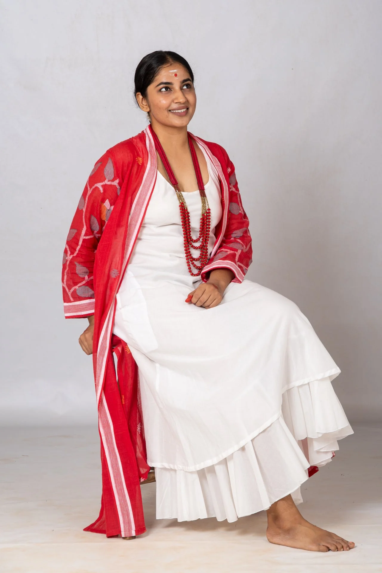 Set of 2-White Organic cotton Dress & Red Jamdani Jacket - Image 2