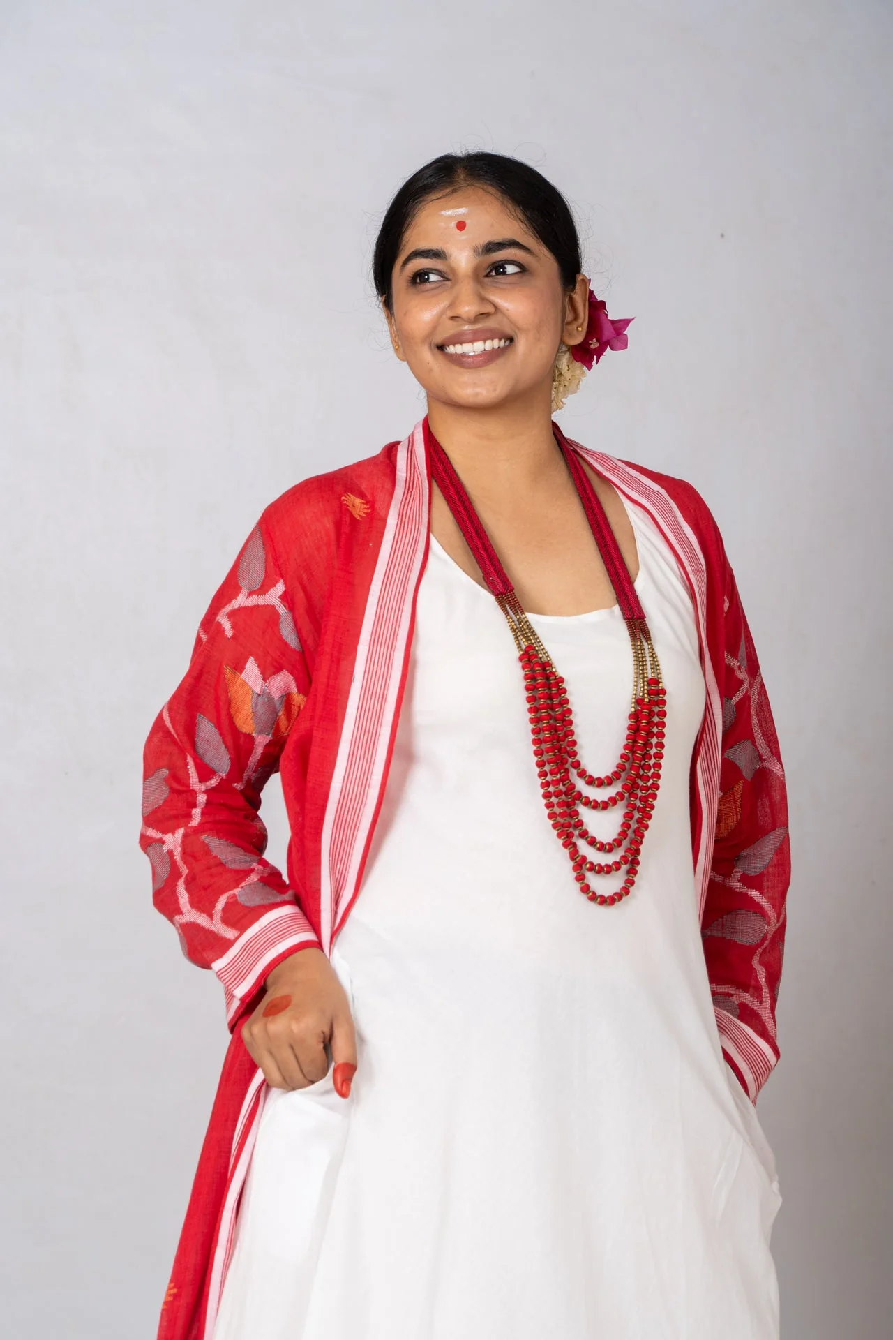 Set of 2-White Organic cotton Dress & Red Jamdani Jacket - Image 3