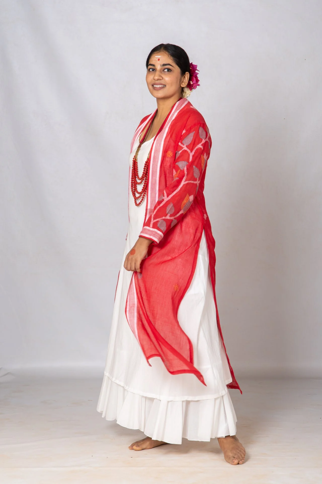 Set of 2-White Organic cotton Dress & Red Jamdani Jacket - Image 4
