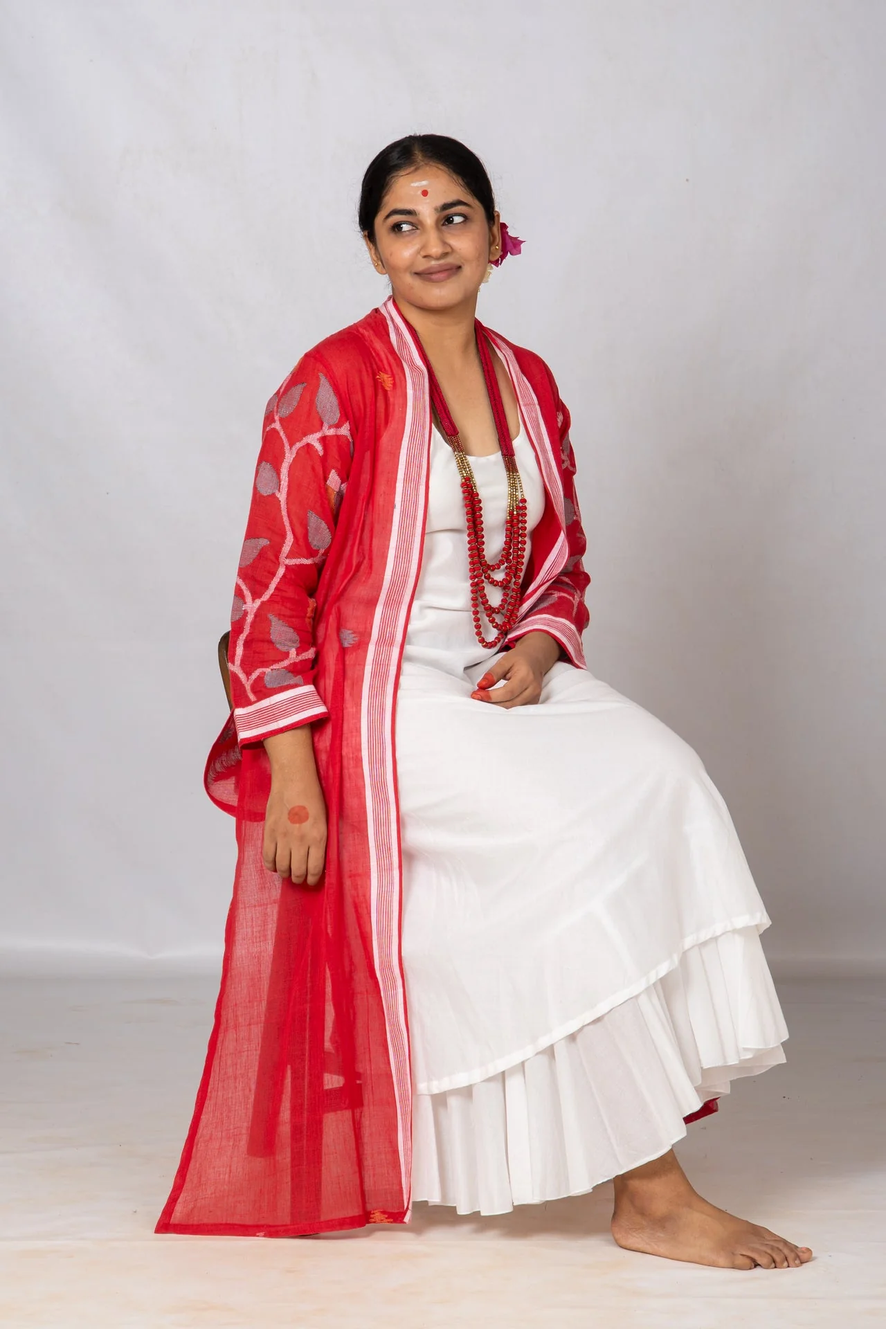 Set of 2-White Organic cotton Dress & Red Jamdani Jacket - Image 5