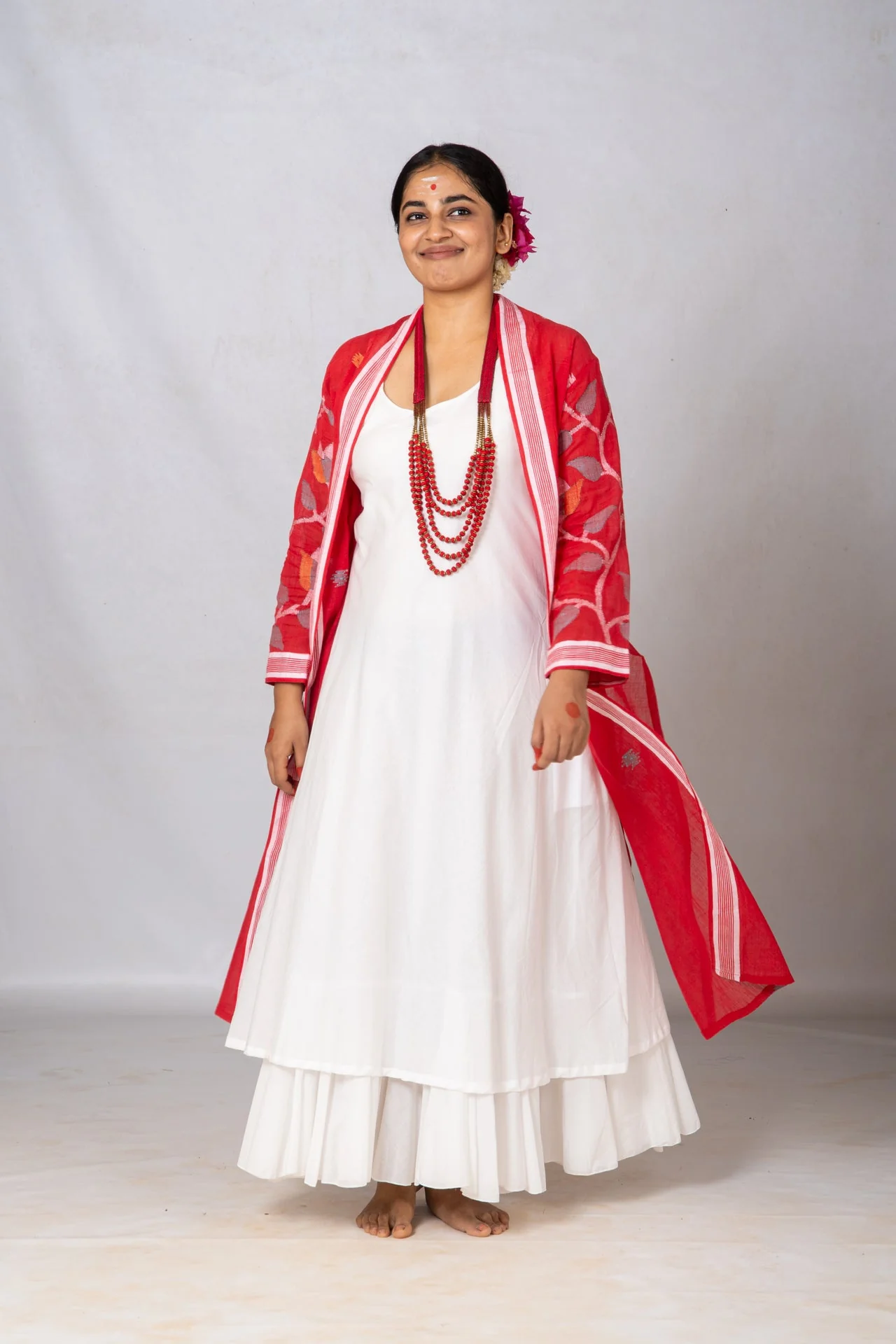 Set of 2-White Organic cotton Dress & Red Jamdani Jacket - Image 6