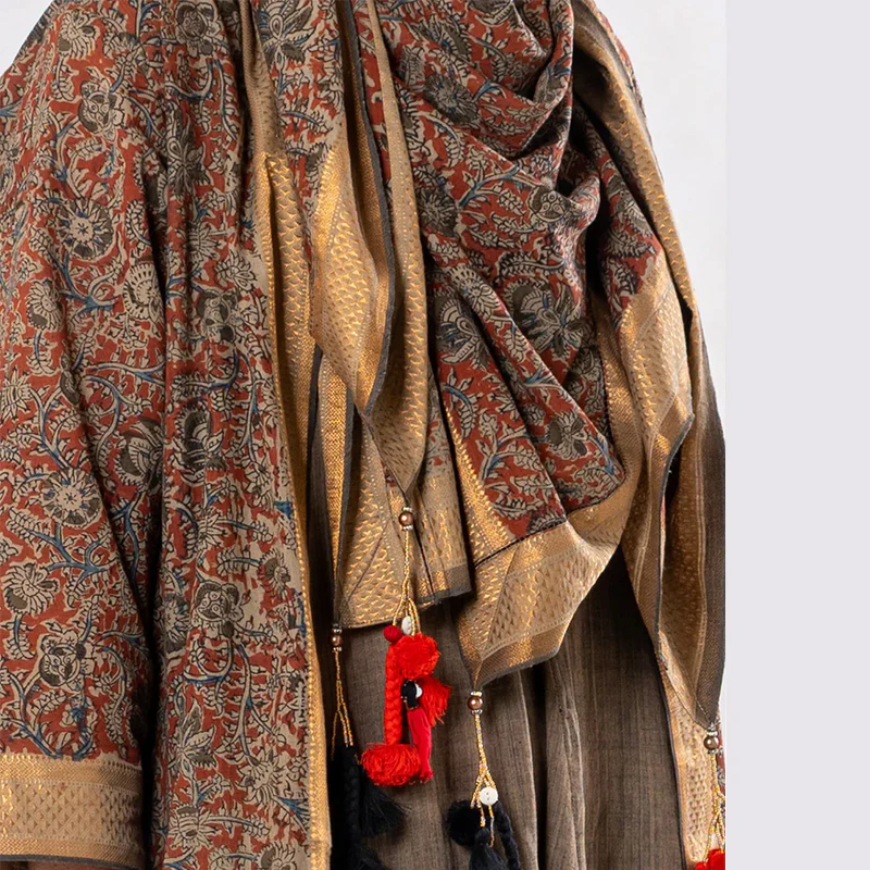 Set of 3: Brown Straight Kalamkari Jacket Dress Set - Image 2